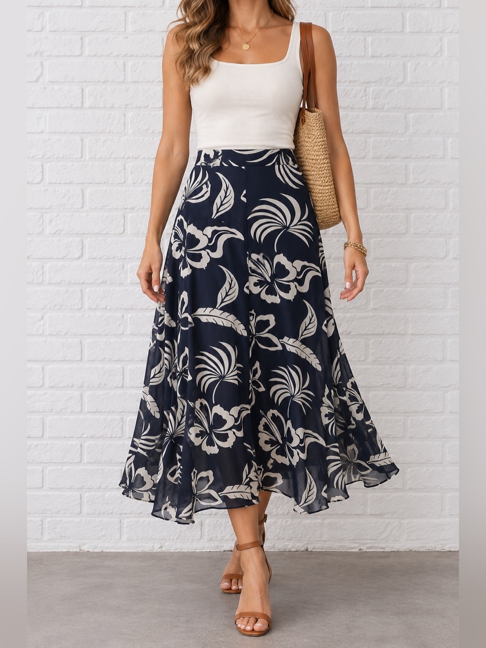 CHAPS Navy Tropical Floral Polyester Midi Skirt Size 10 Y2K Resort